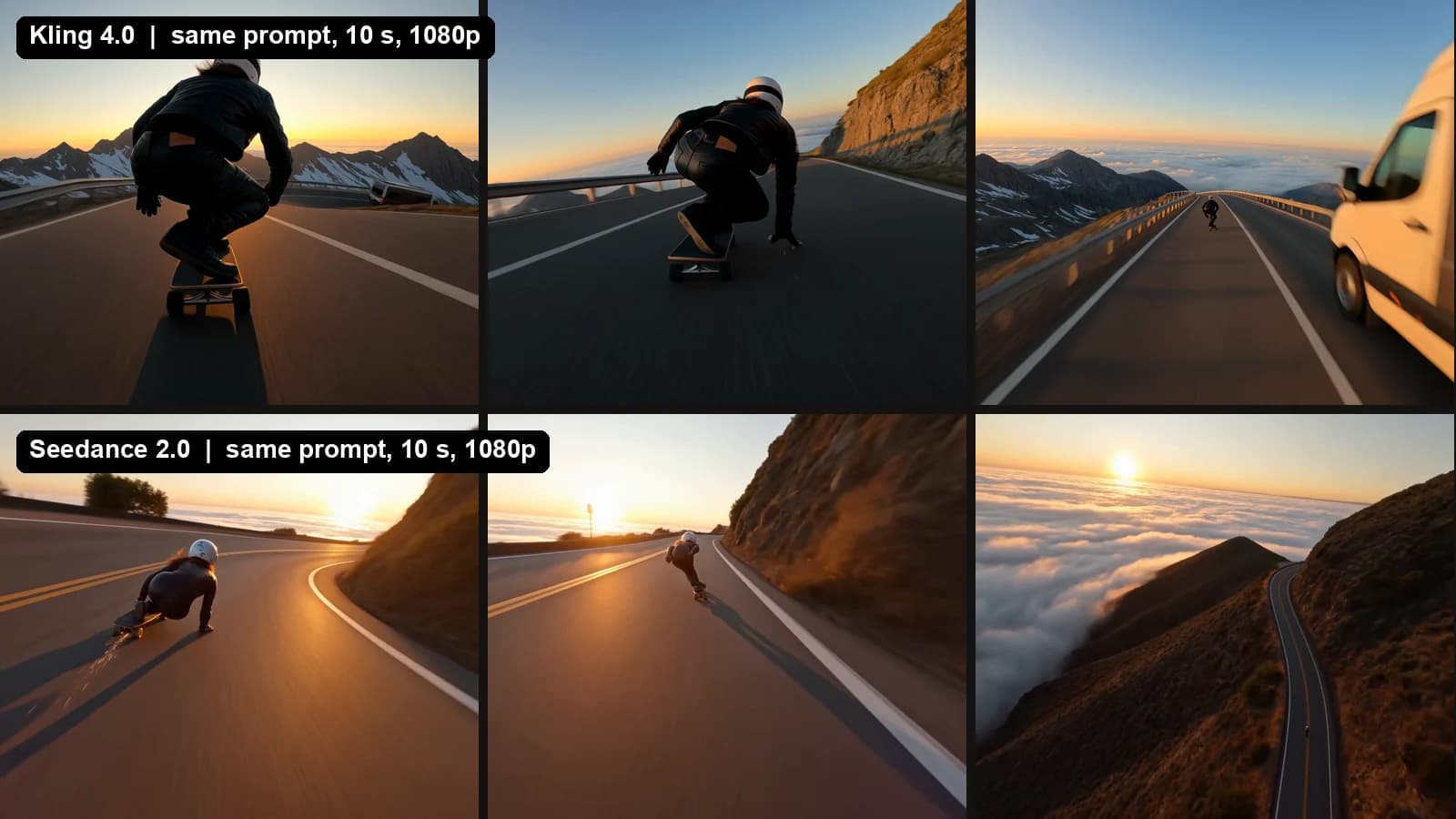 Same text prompt of a downhill skateboarder at sunset, 10 seconds at 1080p: Kling 4.0 frames on the top row, Seedance 2.0 frames on the bottom row, both generated in Artlist