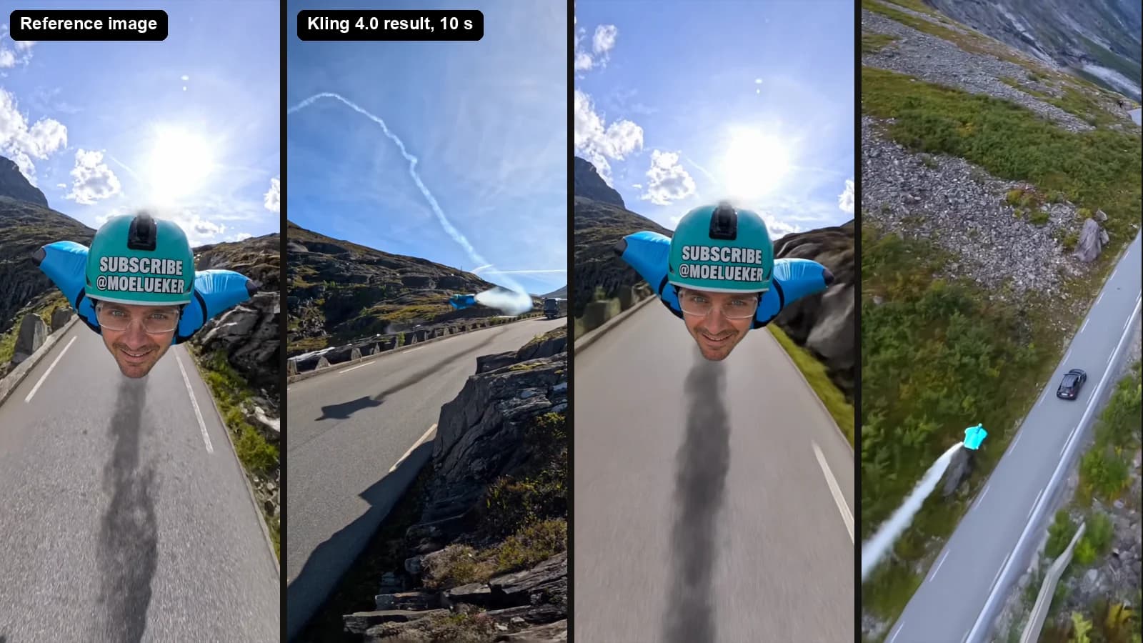 Kling 4.0 reference test: the reference image of Moe Lueker as a wingsuit pilot with a SUBSCRIBE @MOELUEKER helmet, then three frames of the 10-second Kling 4.0 result showing the smoke trail fly-by, the selfie shot and an overhead view of the mountain road