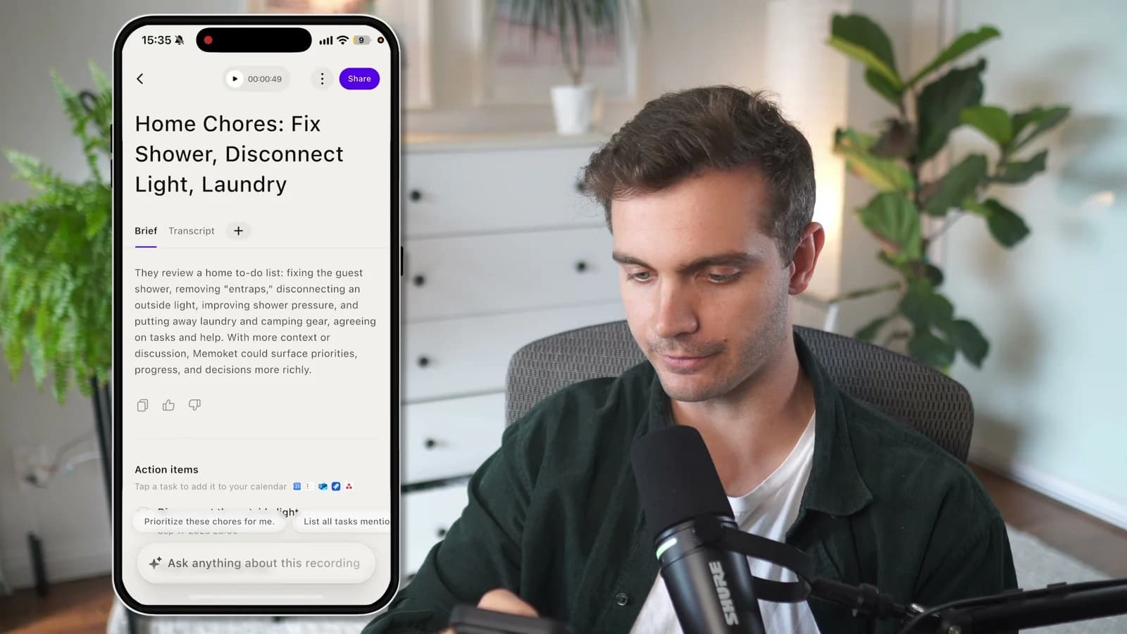 Memoket phone app showing the brief and action items for a recorded conversation about home chores