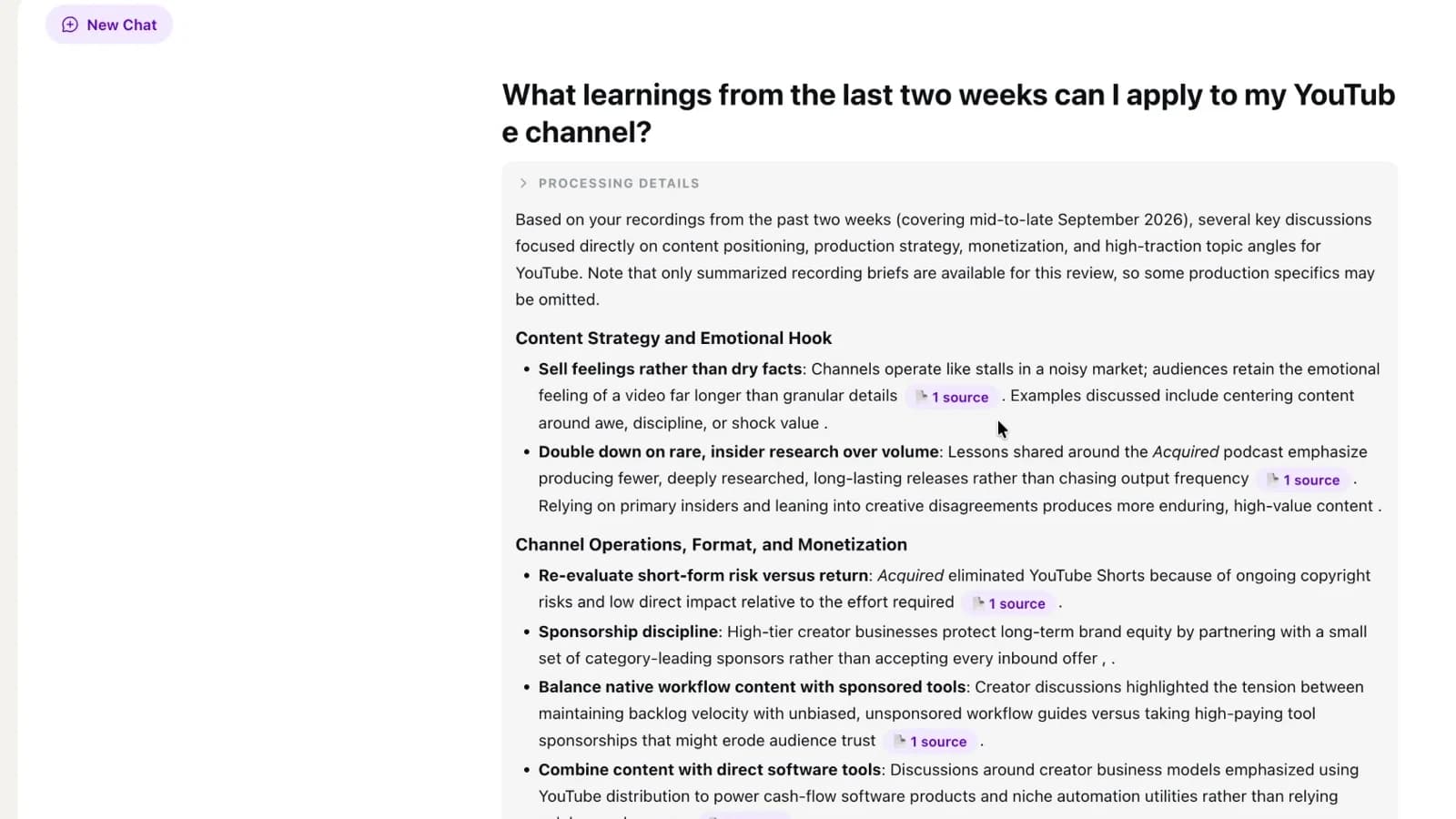 Memoket Memo Chat answering a question across two weeks of recordings, with a source link on each point