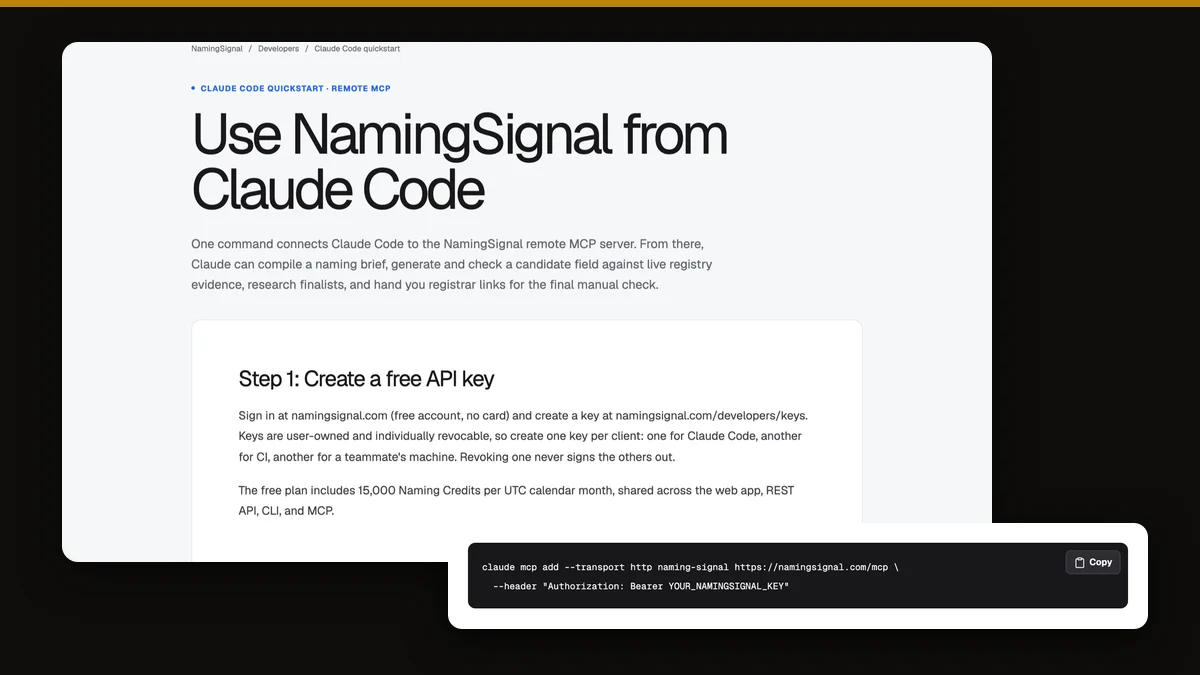 The NamingSignal Claude Code quickstart page next to the claude mcp add command that connects the remote MCP server