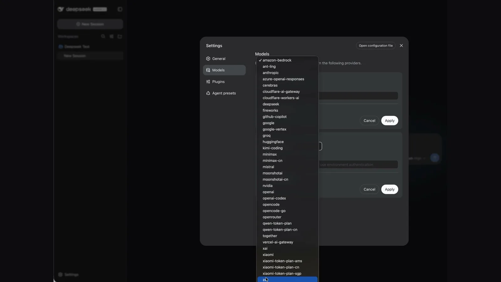 An AI agent settings panel showing OpenRouter listed among dozens of model providers