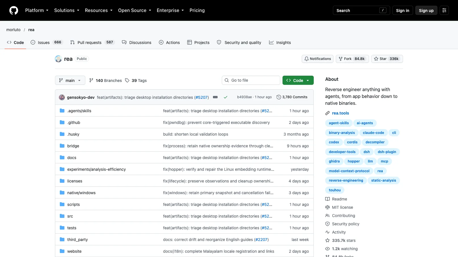 The morluto/rea GitHub repository page on October 19, 2026, showing 335.7k stars, 84.8k forks and the MIT license