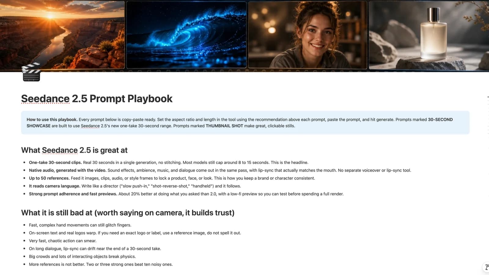 The free Seedance 2.5 Prompt Playbook: every prompt from the video, copy-paste ready with the settings dialed in