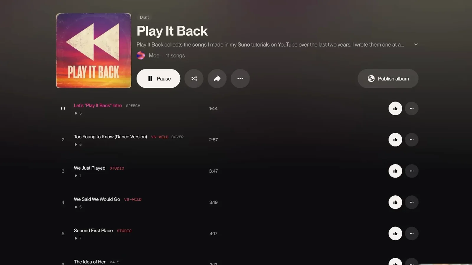 The Play It Back album page in Suno with the cover, 11 songs, the tracklist and the Publish album button