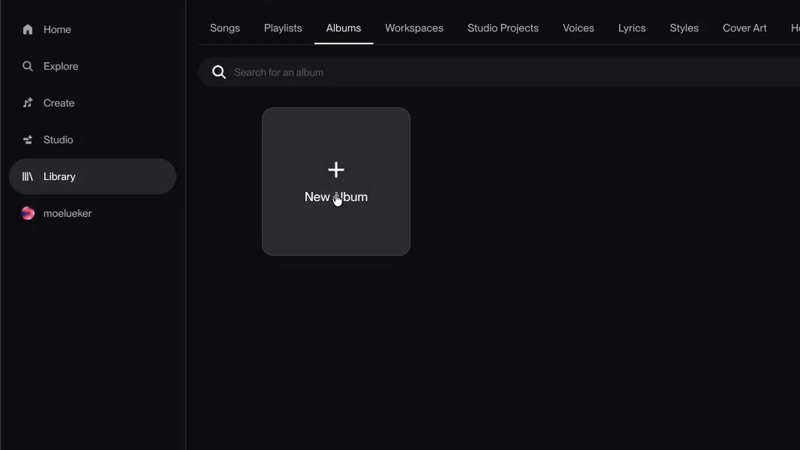 Suno Library with the new Albums tab selected next to Songs and Playlists, and the New Album button