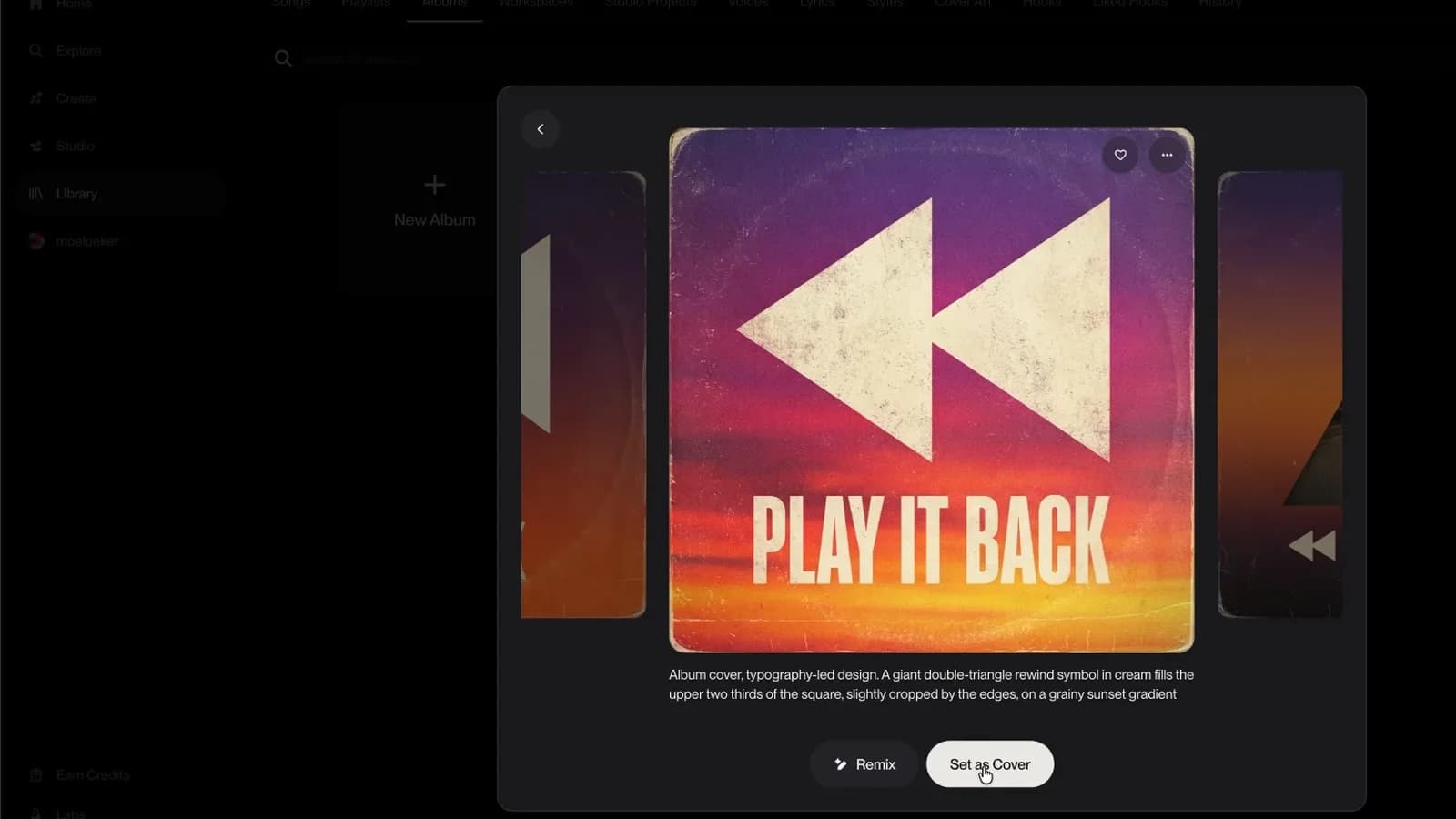 Suno cover art generator showing the chosen Play It Back album cover, a cream rewind symbol on a sunset gradient, with the Set as Cover button