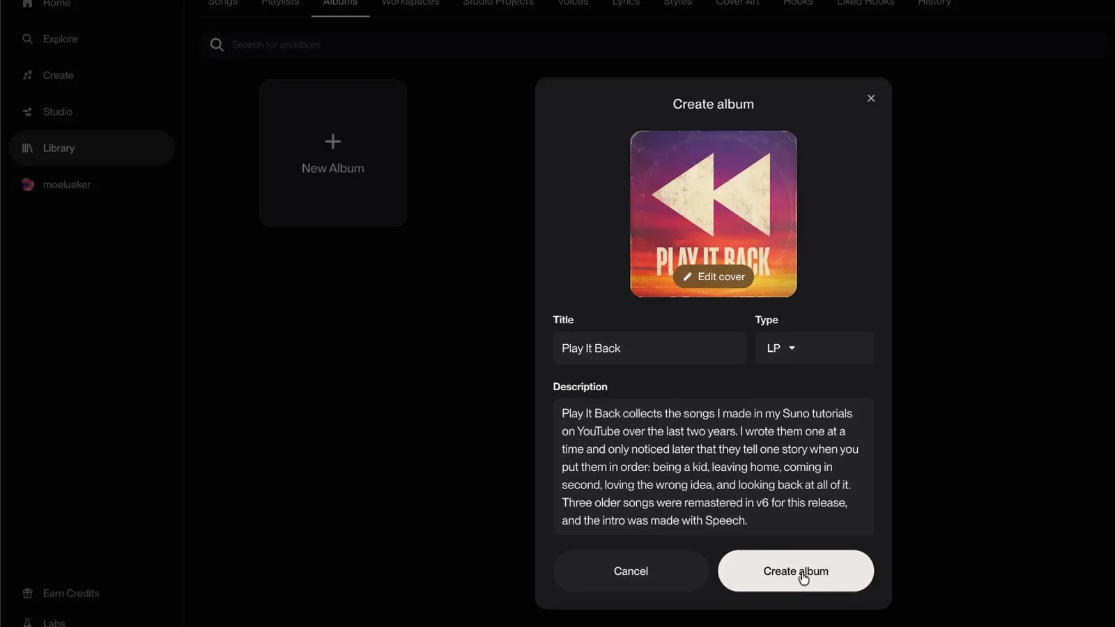 Suno Create album form for Play It Back with the cover, title, LP type and album description filled in
