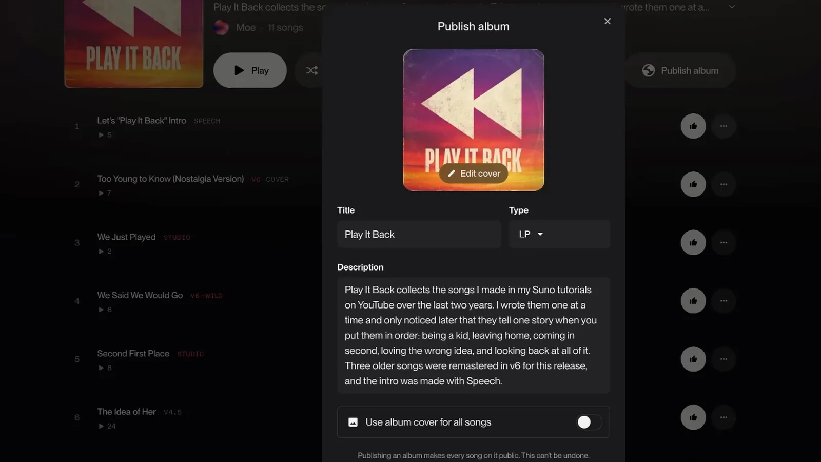 Suno Publish album dialog for Play It Back with the Use album cover for all songs toggle and the note that publishing makes every song public