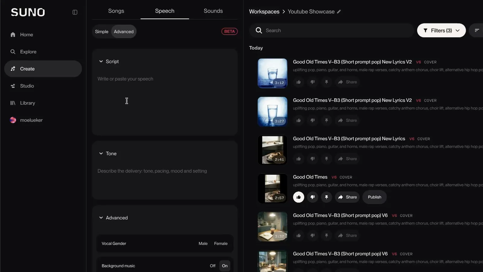 Suno Create panel on the Speech tab with the Beta badge, showing the Script and Tone boxes and the Vocal Gender and Background music settings