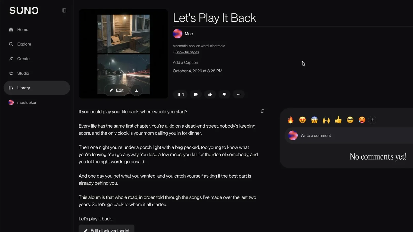 Suno track page for Let's Play It Back, tagged cinematic, spoken word, electronic, with the full script shown as text and an Edit displayed script button