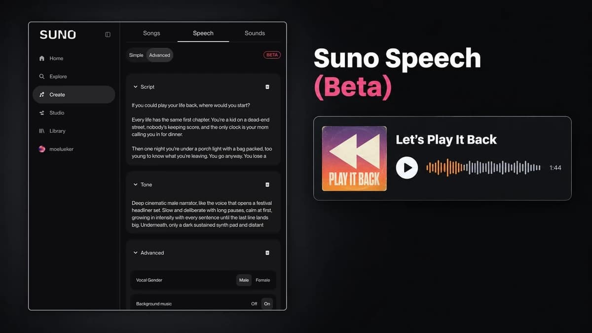Suno Speech (Beta) in Advanced mode with the Script and Tone boxes filled in, the BETA badge, and an audio card for the finished 1:44 intro Play It Back
