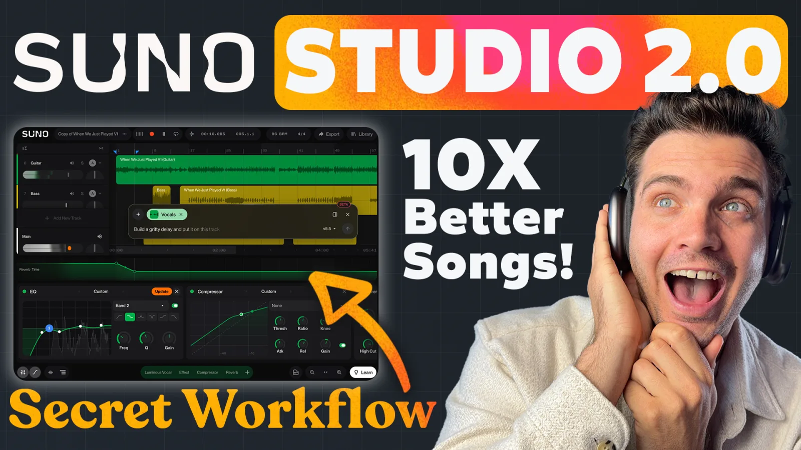 Suno Studio 2.0 interface showing the chat bar prompting a track, guitar and bass waveforms, a reverb automation lane, and EQ and compressor plugins