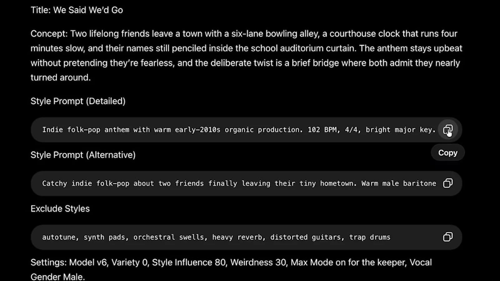 Suno V6 Lyric and Prompt Generator GPT output for We Said We'd Go with a concept, detailed and alternative style prompts, and styles to exclude