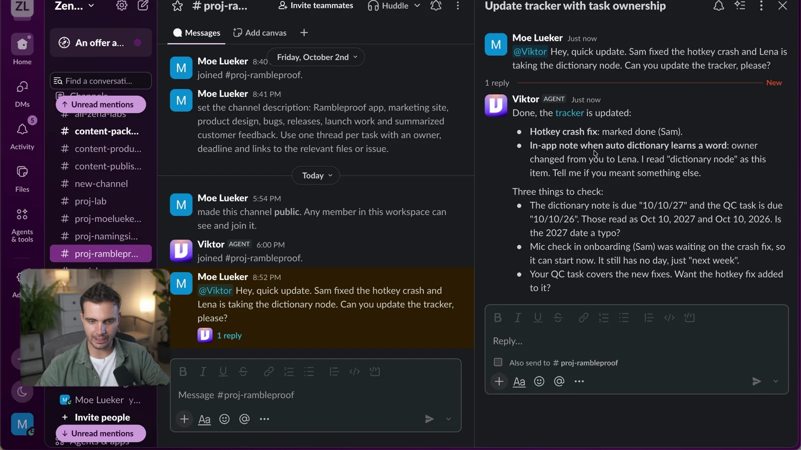 Viktor replying in Slack that it updated the tracker: the hotkey crash is marked fixed by Sam and the dictionary note is assigned to Lena