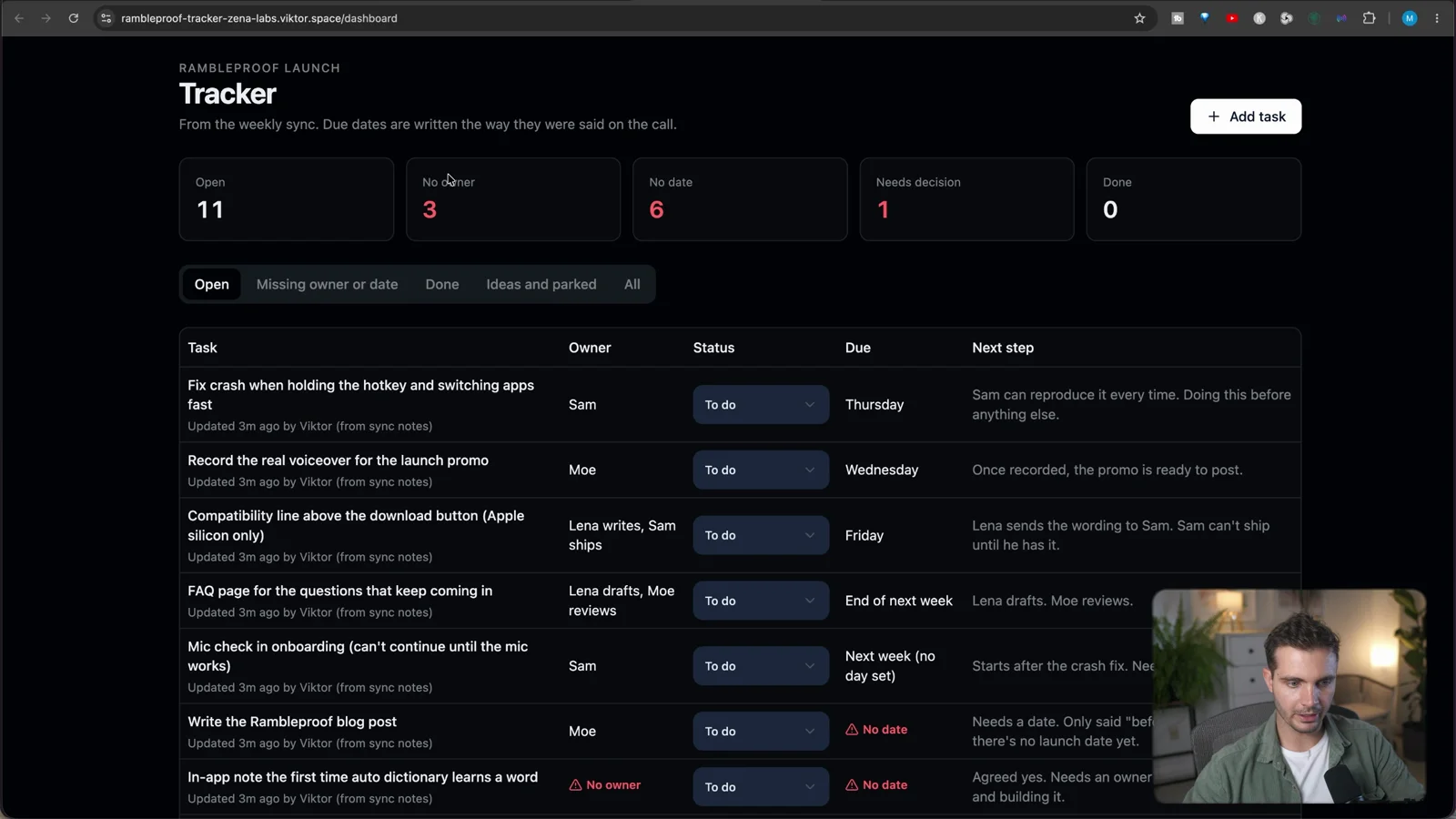 Rambleproof project tracker built by Viktor in Spaces, showing open tasks with owner, status, due date and next step