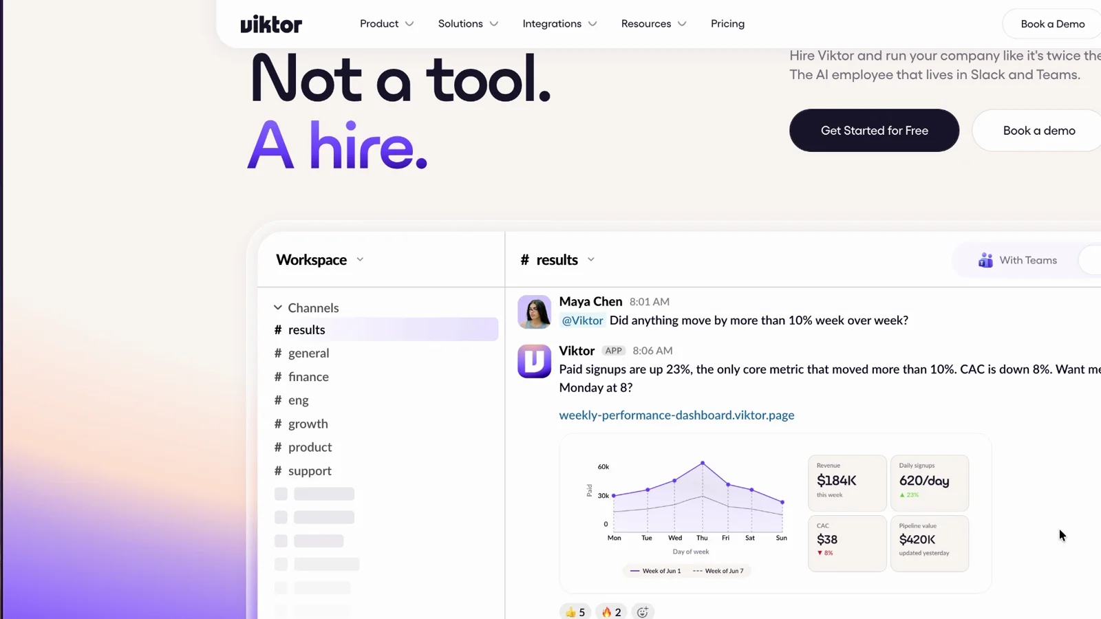 Viktor homepage with the headline Not a tool. A hire. and a Slack thread where Viktor answers a question about weekly metrics