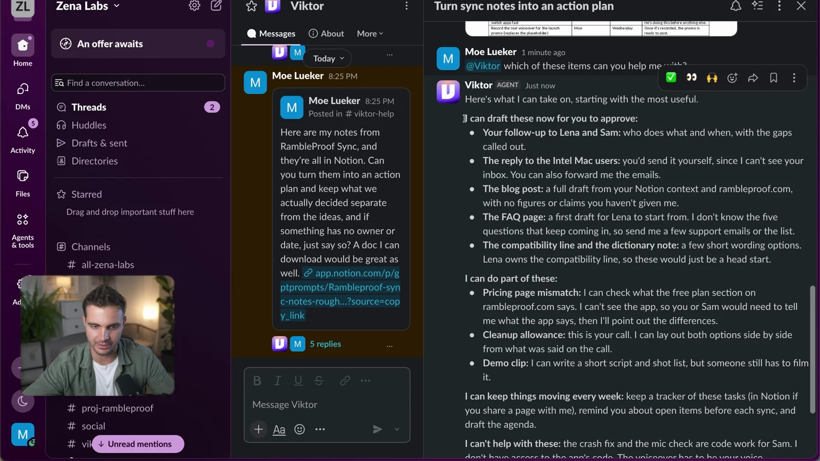 Viktor in Slack listing the tasks from the meeting it can draft, including follow-ups to Lena and Sam, a reply to Intel Mac users and an FAQ page