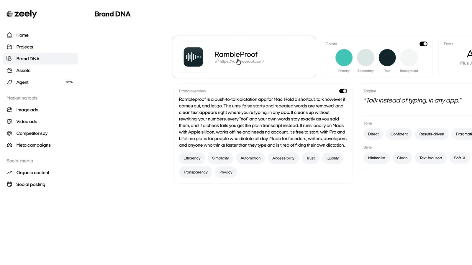 Zeely Brand DNA page for Rambleproof showing the logo, brand overview, tagline, colors and fonts