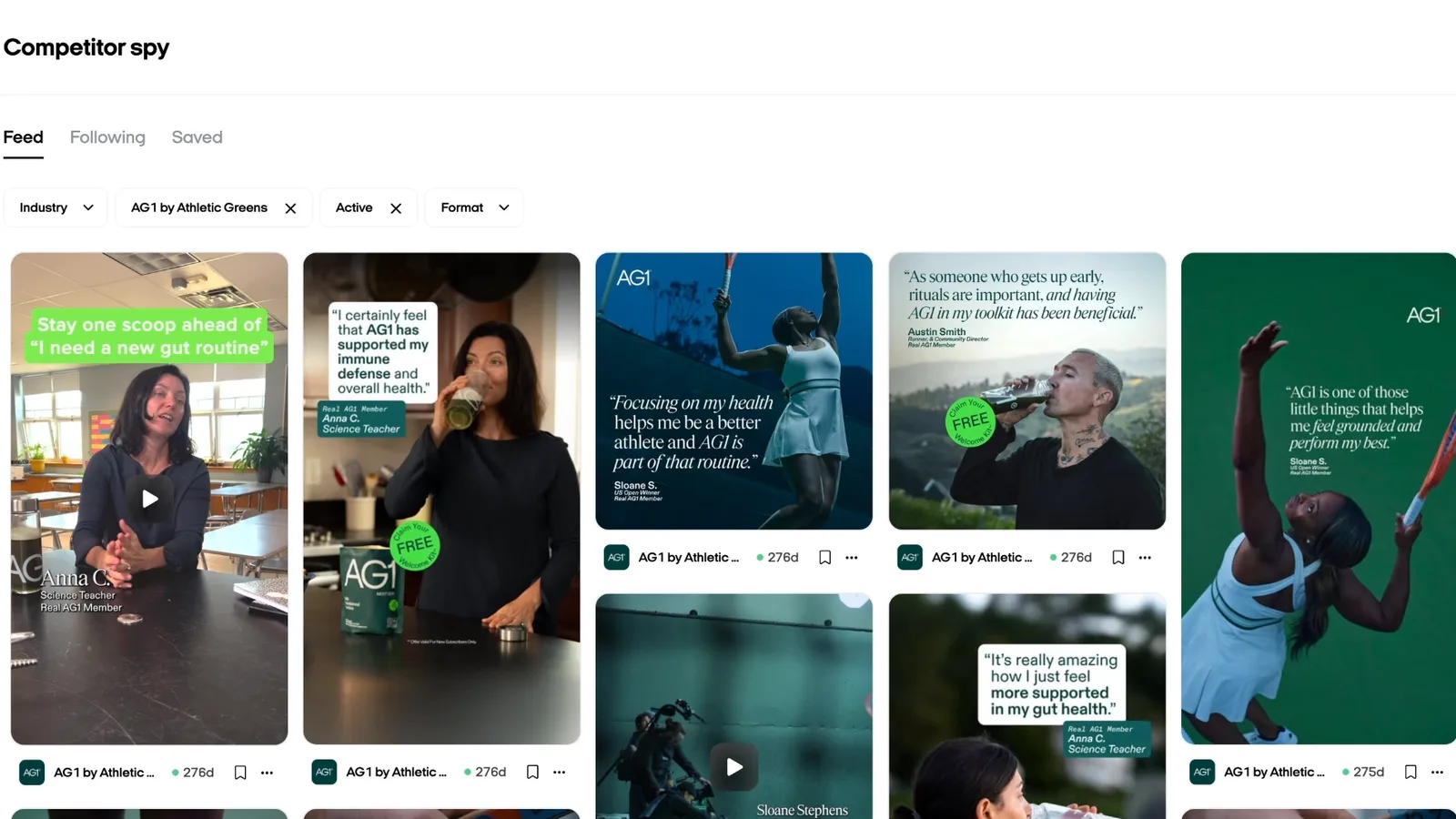 Zeely Competitor Spy feed showing AG1 ads filtered by brand and sorted by longest running
