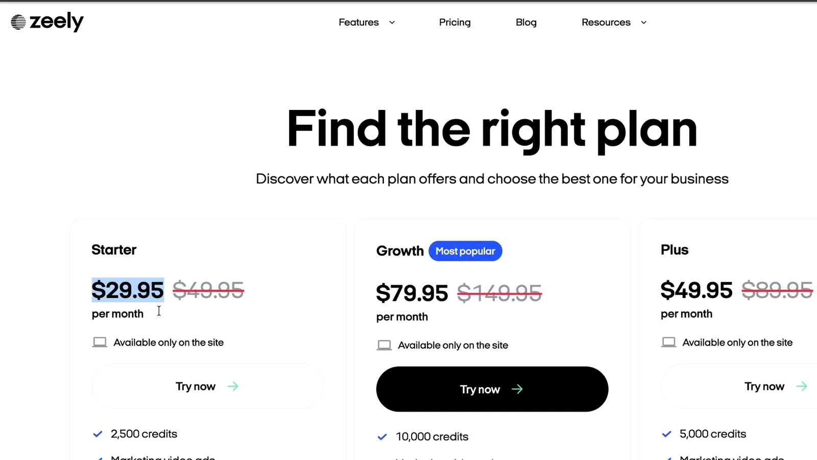Zeely pricing page showing the Starter, Growth and Plus plans with monthly prices and credits