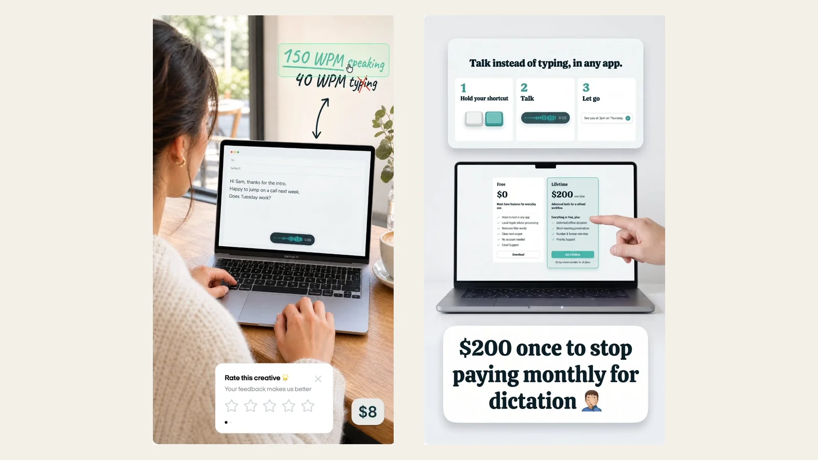 Two Rambleproof static ads made in Zeely: one showing 150 WPM speaking versus 40 WPM typing, one with a pricing screen on a laptop