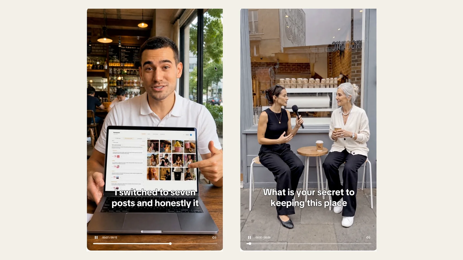 Two AI UGC videos for Sevenposts made in Zeely: a man in a cafe holding a laptop, and a street interview outside a cafe