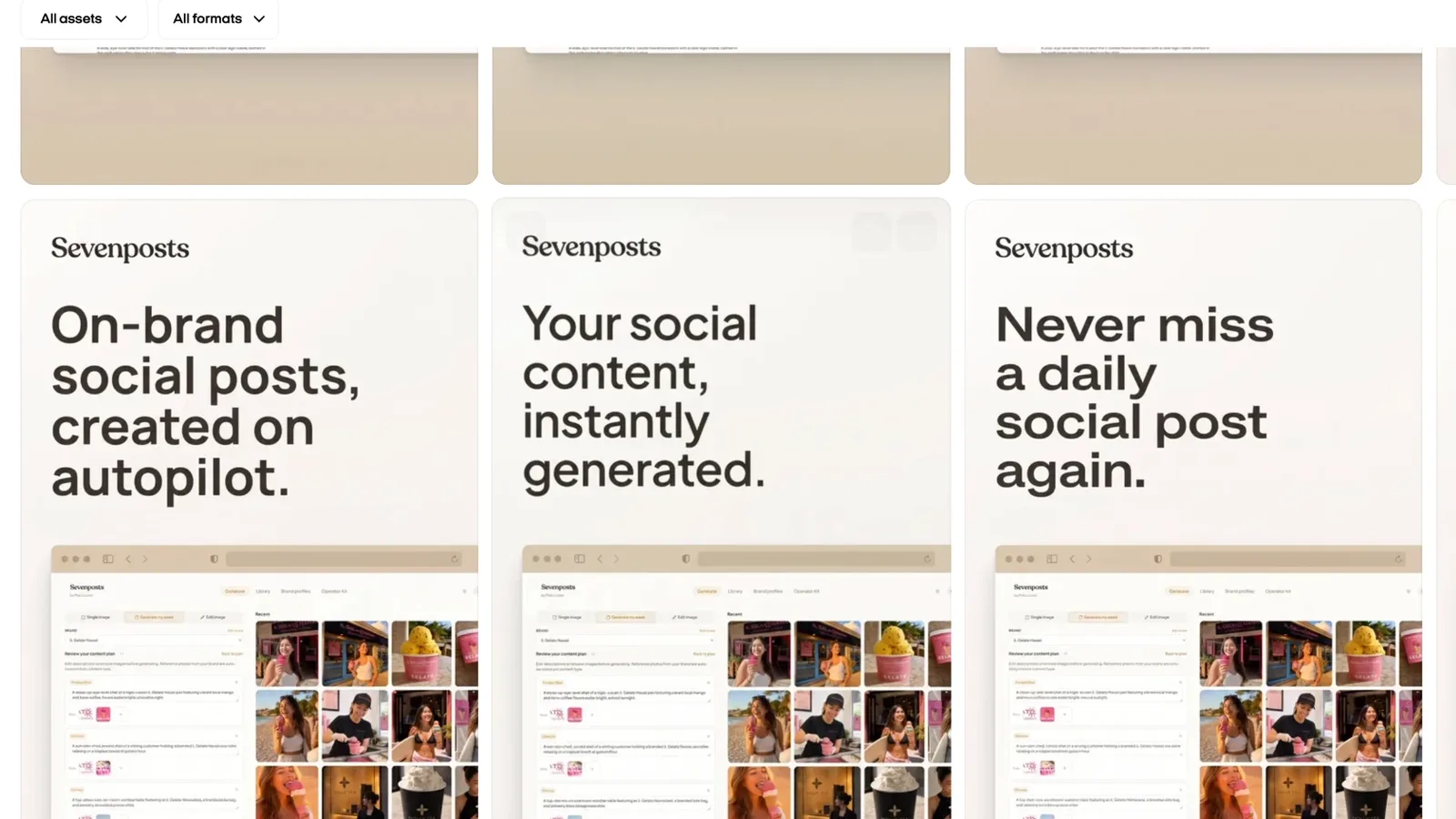 Zeely projects grid showing Sevenposts static ad variations with different headlines