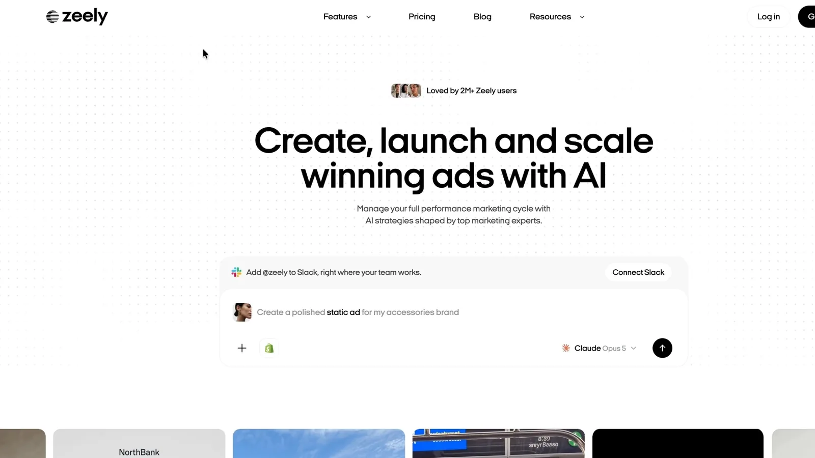 Zeely AI homepage with the headline Create, launch and scale winning ads with AI
