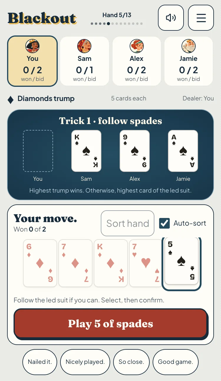 Oh Hell (Blackout) on a phone: four players with tricks won and bids, diamonds as trump, spades led, four dimmed cards that cannot be played and the 5 of spades selected above a Play 5 of spades button
