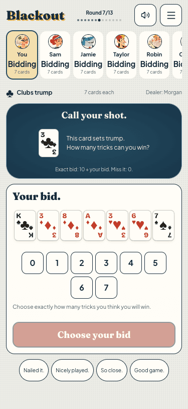 Blackout on a phone, showing player bids, the trump suit and a private seven-card hand