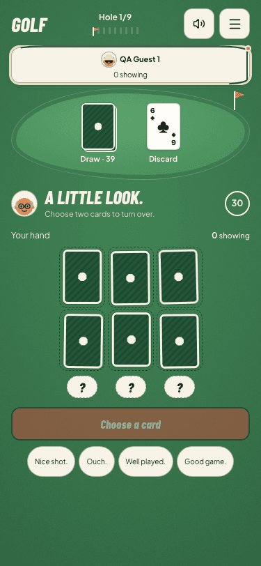 Six-card Golf on a phone, with a putting-green table, draw pile and two rows of three cards