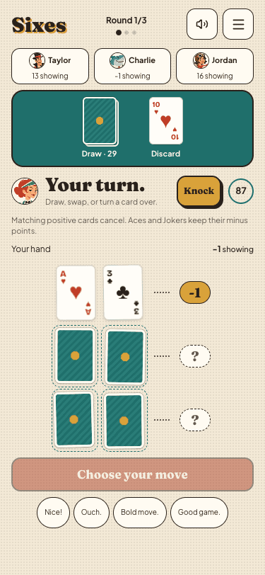The Sixes table on a phone: opponents, draw and discard piles, and three pairs in your hand