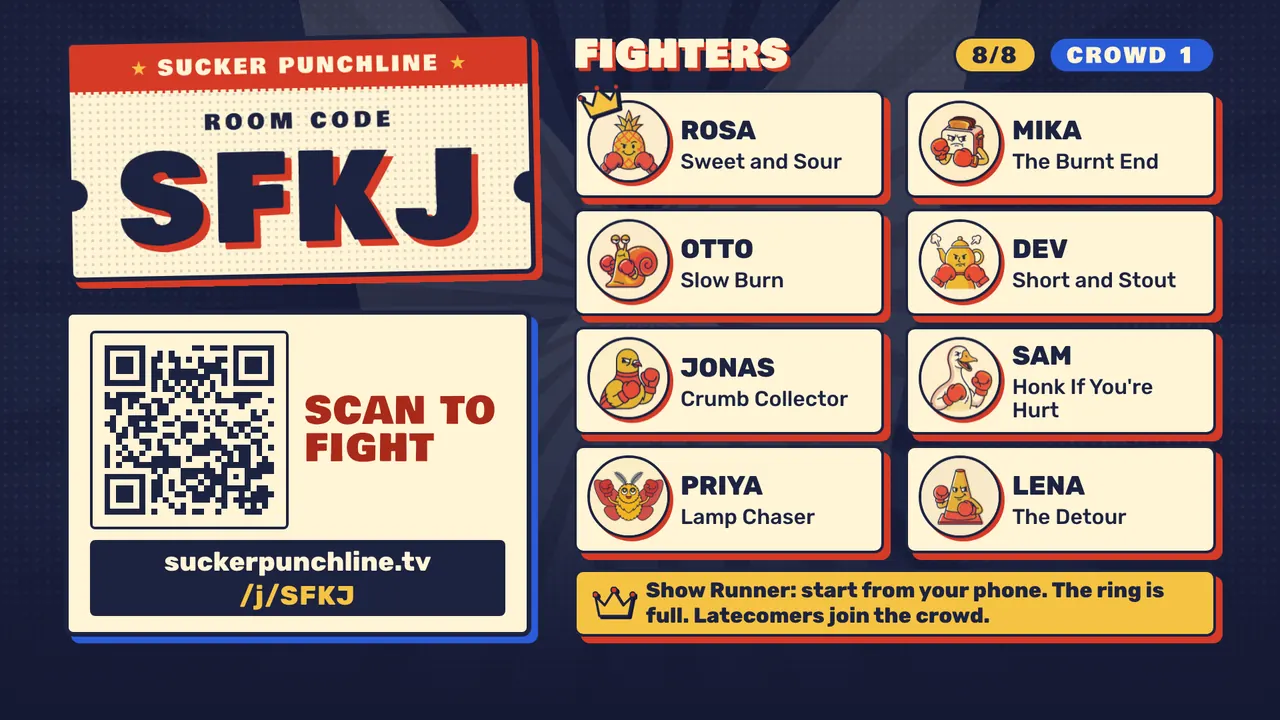 Sucker Punchline lobby on the TV with a room code, a QR code and the fighters who have joined