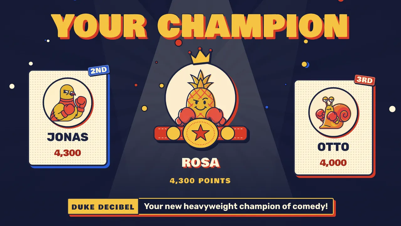 Sucker Punchline podium on the TV with the champion in the middle and second and third place beside them