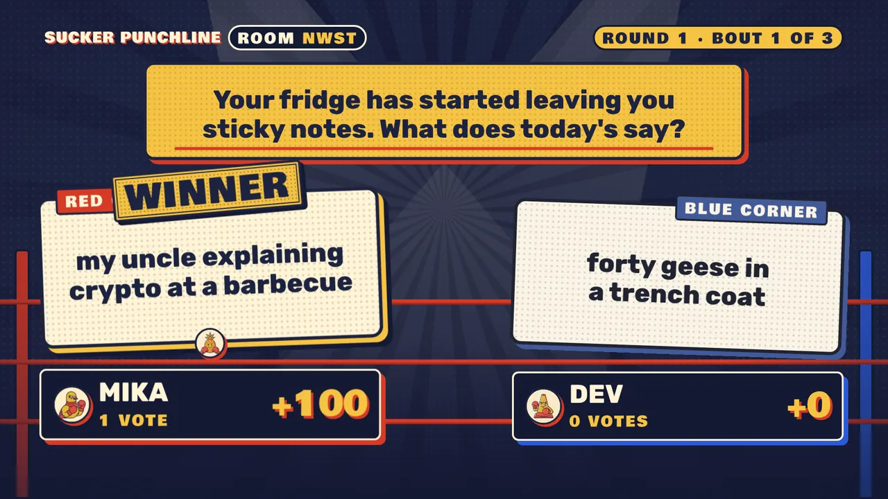 Sucker Punchline bout result on the TV showing which answer won the vote