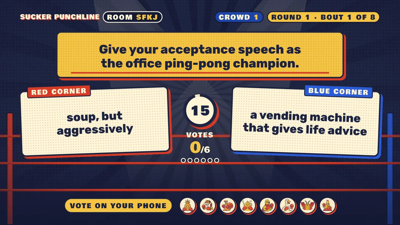Sucker Punchline on the TV during a bout: one prompt, an answer in the red corner, an answer in the blue corner and a vote timer