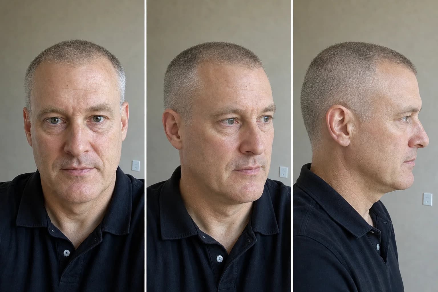 A buzz cut preview from front, three-quarter, and profile views