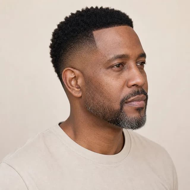 Curly burst fade haircut for men with a curved fade around the ear and curls through the top and back