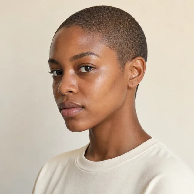Buzz cut with a visible widow's peak and natural temple corners