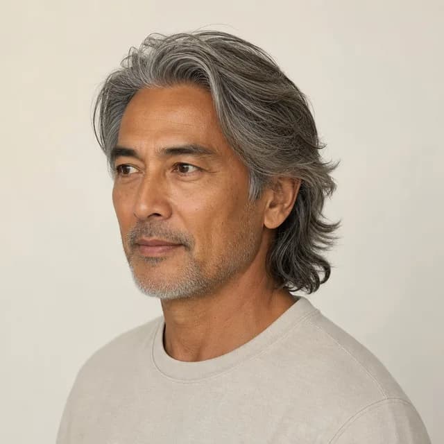 Medium flow haircut for a man with straight hair swept back over the ears and away from the face