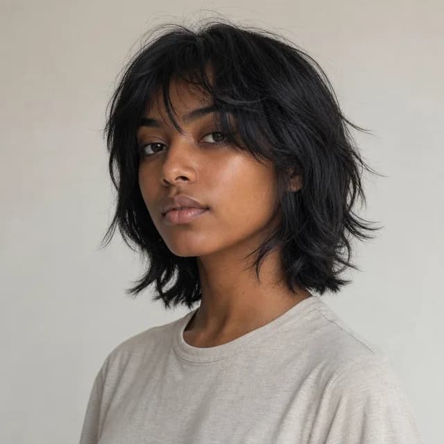 Messy medium haircut for a man with straight layered hair and piecey movement over the ears