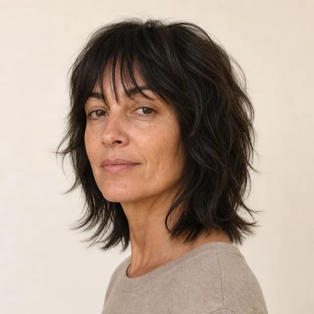 Medium wavy shag haircut for a man with layered fringe, full sides, and a connected back