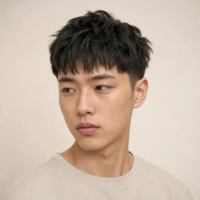 Textured crop haircut for a man with thick straight hair and short separated pieces on top
