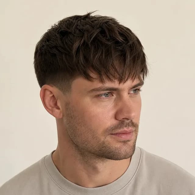 Textured fringe haircut for a man with medium straight hair falling softly over the forehead