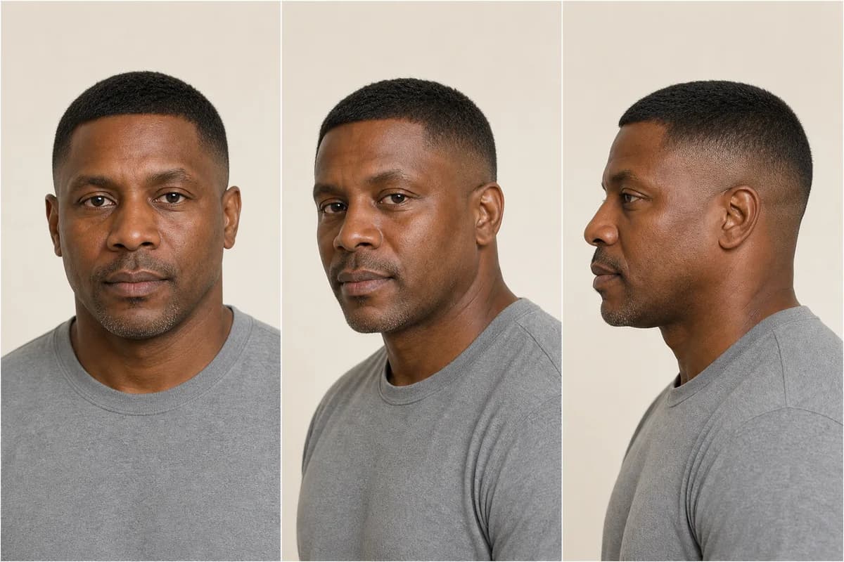 Short crew cut for an older man shown from the front, three-quarter, and profile views with realistic grey at the temples