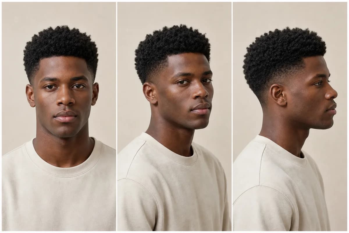 Curly taper haircut for men shown from the front, three-quarter, and profile views with natural curls kept on top