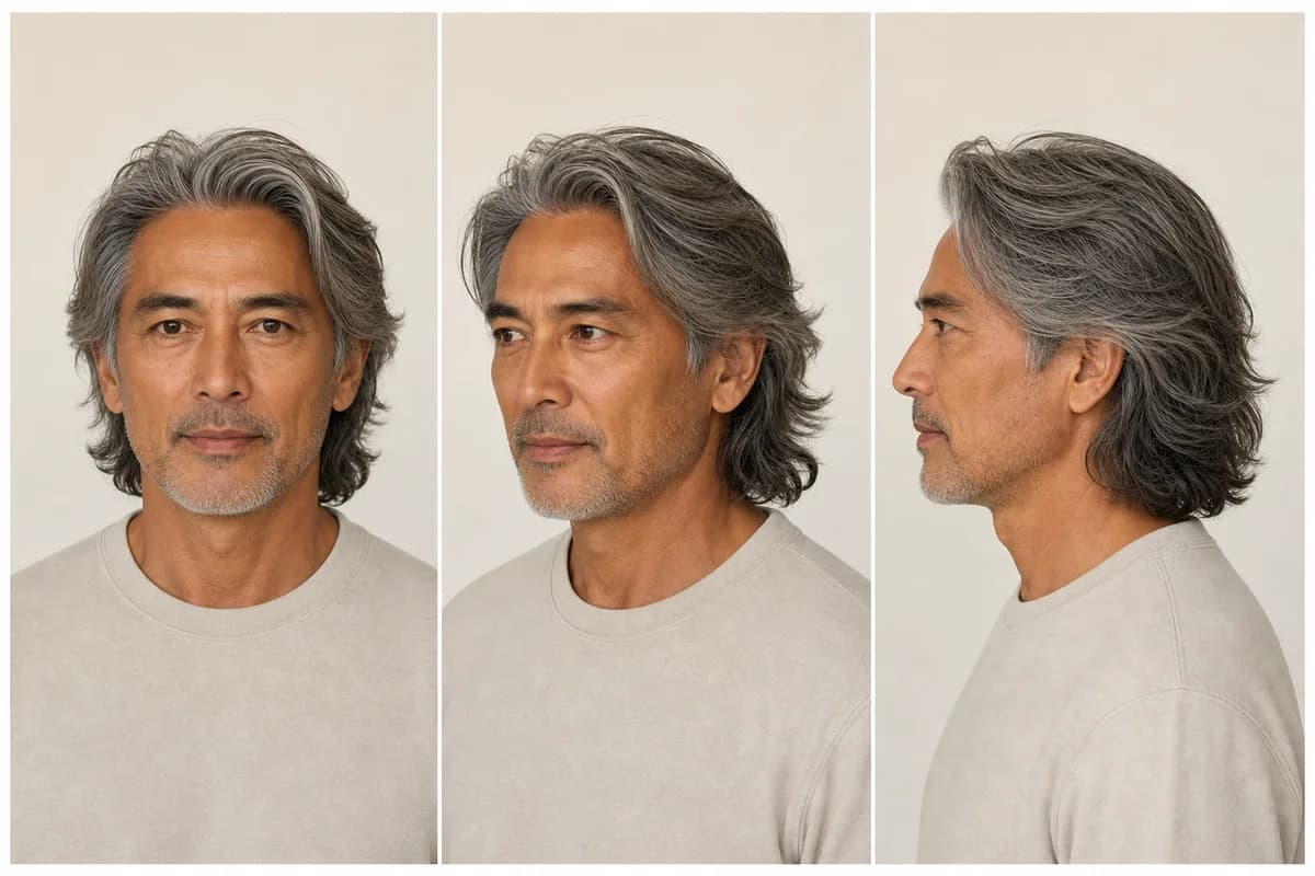 Medium flow haircut for a man with wavy hair shown from the front, three-quarter, and profile views