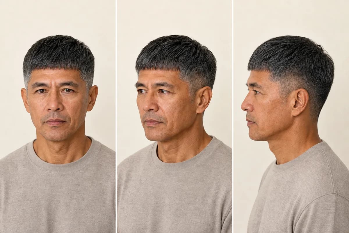 French crop for a man with thin hair shown from the front, three-quarter, and profile views with realistic density
