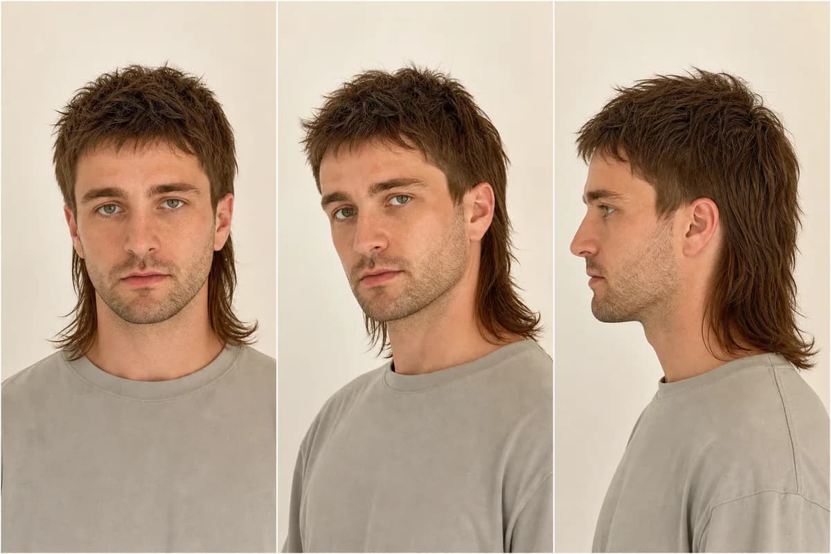 Modern mullet haircut shown from the front, three-quarter, and profile views with a textured top and connected back